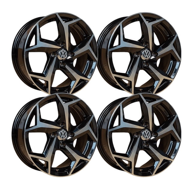 4 rines 15 4x100 black machine face -gol, aveo,spark, march — Cuatro rines 15x6.5 con barrenación 4x100, color negro y acabado machine face; diseño de cinco radios divididos y centro con tapa, vista frontal en cuadrante sobre fondo blanco. También suelen usarse en proyectos de personalización de autos.