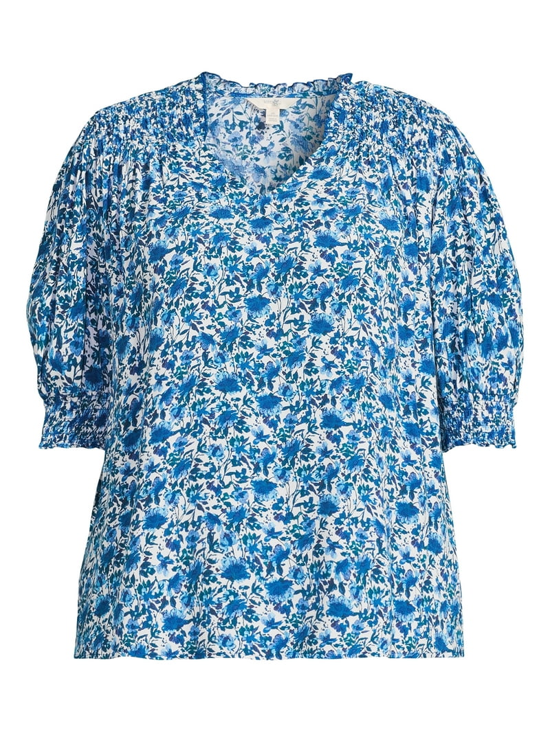 Terra & Sky Plus Size Smocked V-Neck Blouse, Floral, Relaxed