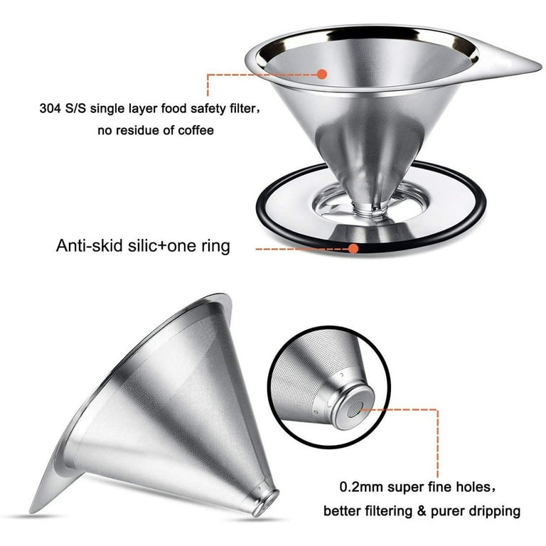  LHS Pour Over Coffee Dripper Stainless Steel Coffee Filter Metal  Cone Filter Paperless Reusable Coffee Filter Single Cup Coffee Maker 1-2  Cup With Non-slip Cup Stand and Cleaning Brush: Home 