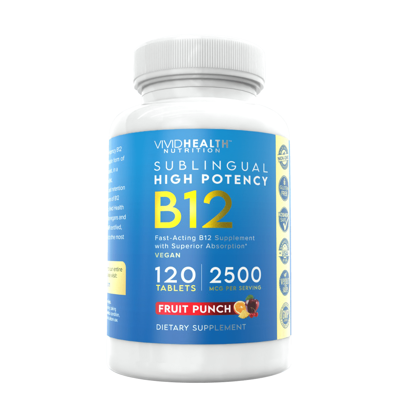 Energy Boosting Vitamin B12 Sublingual: Vegan B-12, 120 Fruit Punch Tabs