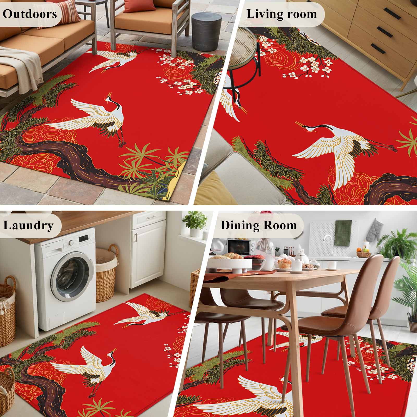 Rectangle Area Rug 4x6ft, Retro Crane Pine Flower on Red Non-Slip Non-Shedding Floor Mat, Asian Chinese Pastoral Scenic Washable Sturdy Carpet for Living Room Bedroom Home Decor