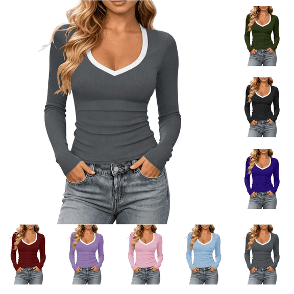 Utoimkio Women's Slim Ribbed Long Sleeve Undershirts Contrast Trim V Neck Basic Pullover Tee Tops for Daily Matching Size S-XXL