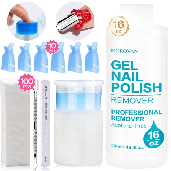 Morovan Gel Nail Polish Remover with Nail Clips ,Cuticle Pusher ,100pcs Cotton Pad for Home,16 oz