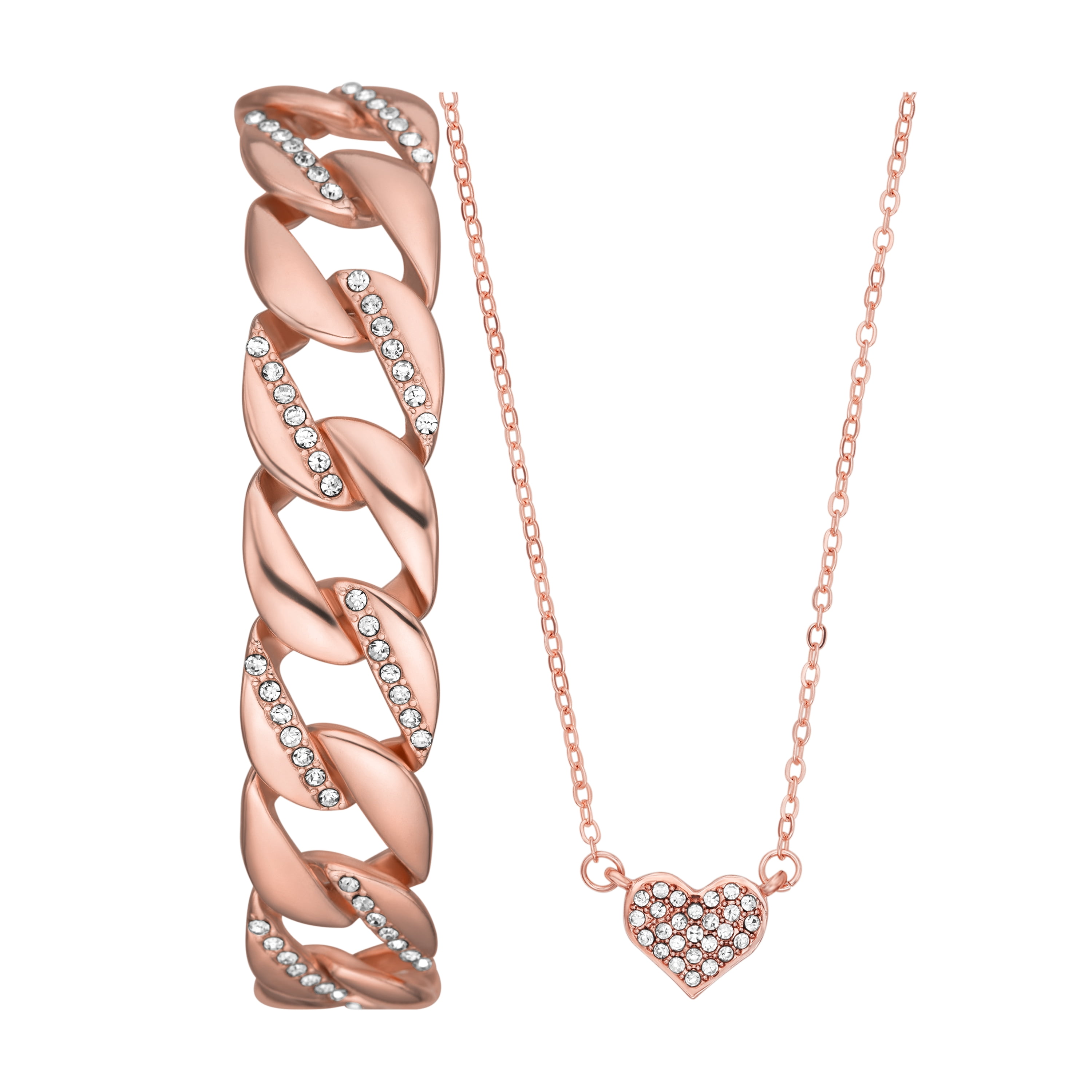 Folio Women's Gift Set; Rose Gold Tone Bracelet Watch, Clear Stone Case and Rose Gold Link Bracelet and Necklace with Heart Pendant(FMDAL1172)