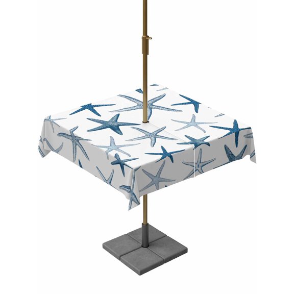 Outdoor Tablecloth with Umbrella Hole for Patio/Picnic/Party/Camping, Navy Blue Starfish Waterproof Table Cloth Square Cover Washable, Coastal Summer Beach Ocean Watercolor (54"x 54")