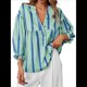thumbnail image 3 of Blusa de Verano A Rayas con Cuello en V y Mangas Abullonadas para Mujer, Estilo Babydoll, Holgada e Informal Verde S, 3 of 9