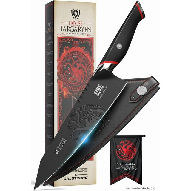 Dalstrong Couteau de Chef 8 Pouces - Couteau Game of ThronesTM - Édition Maison TargaryenTM - Acier Premium Allemand Pleine Soie - Manche Professionnel G10 - Couteau Utilitaire de Collection - Étui en Cuir