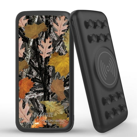 

INFUZE Qi Wireless Portable Charger for Samsung Galaxy A32 5G External Battery (12000 mAh 18W Power Delivery USB-C/USB-A 3.0 Ports Suction Cups) with Touch Tool - Camo Leaves Tree
