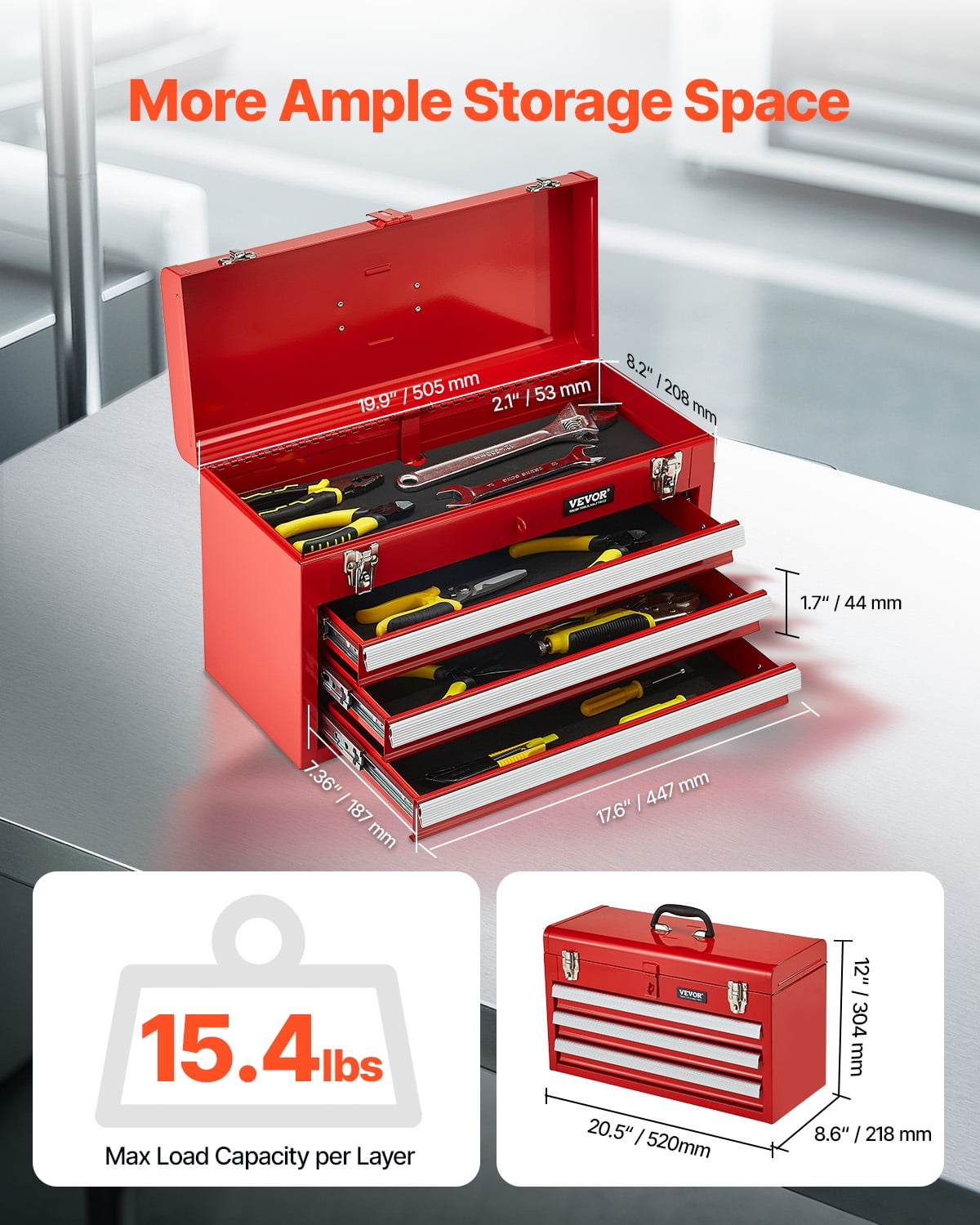 VEVOR Metal Tool Box, 20.5-inch, Portable Metal Tool Box with 3 Drawers, Small Tool Chest with EVA Liners,Ball Bearing Slide Drawers Locking & Powder Coated Finish,Multi-Function Tool Organizer,Red