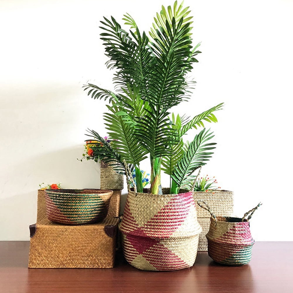 Storage Basket Bag with Handles Natural Seagrass Hand-Woven Plant Pot Cover 