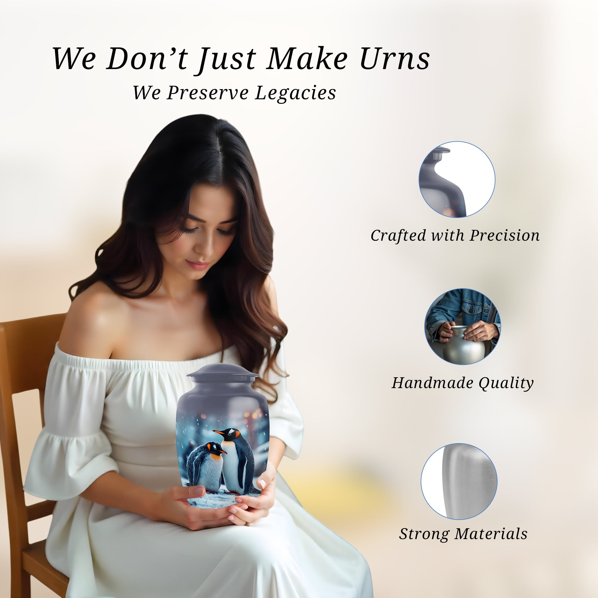 Penguins Cremation Urns For Human Ashes Adult Female Mom, Blue Urns For Human Ashes Man And Woman, Funeral Urn For Adults Male, Large Decorative Urn For Brother, 10 Inch