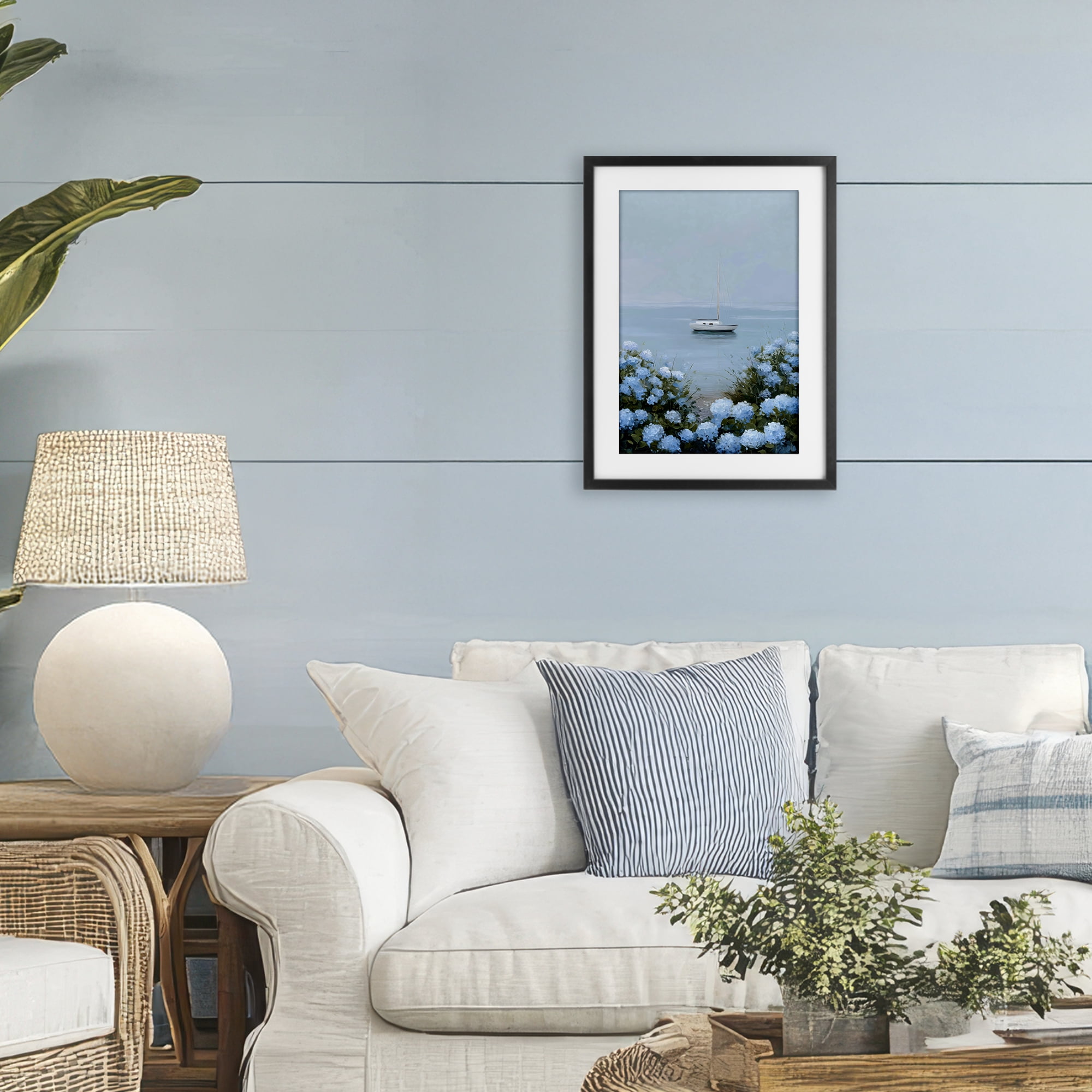 Stupell Industries Yacht in Floral Bay Black Framed Print Under Glass, design by Petal Prints Design