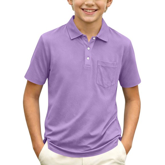 JULMCOMO Boys Polo Shirts Collared Short Sleeve Split Hem Tennis Golf Shirts Kids Casual School Uniform Tees with Chest Pocket Light Purple 3-4Y