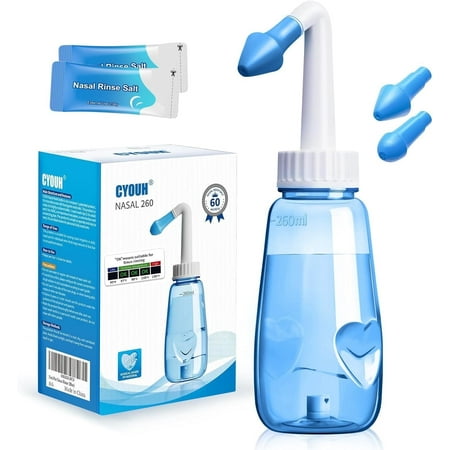 Nose Cleaner Neti Pot for Adult Nasal Wash with 60 Saline Packets 260 ML Netty Bottle for Nasal Flush Wash Sinus Rinse and Sticker Thermometer