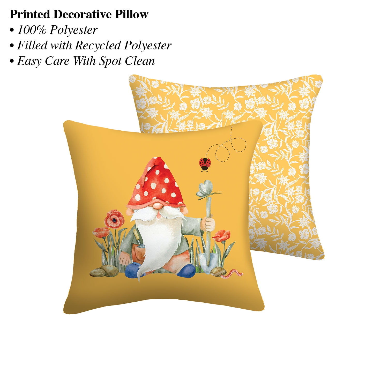 Mainstays 16" x 16" Reversible Garden Gnome Decorative Outdoor Throw Pillow, Yellow
