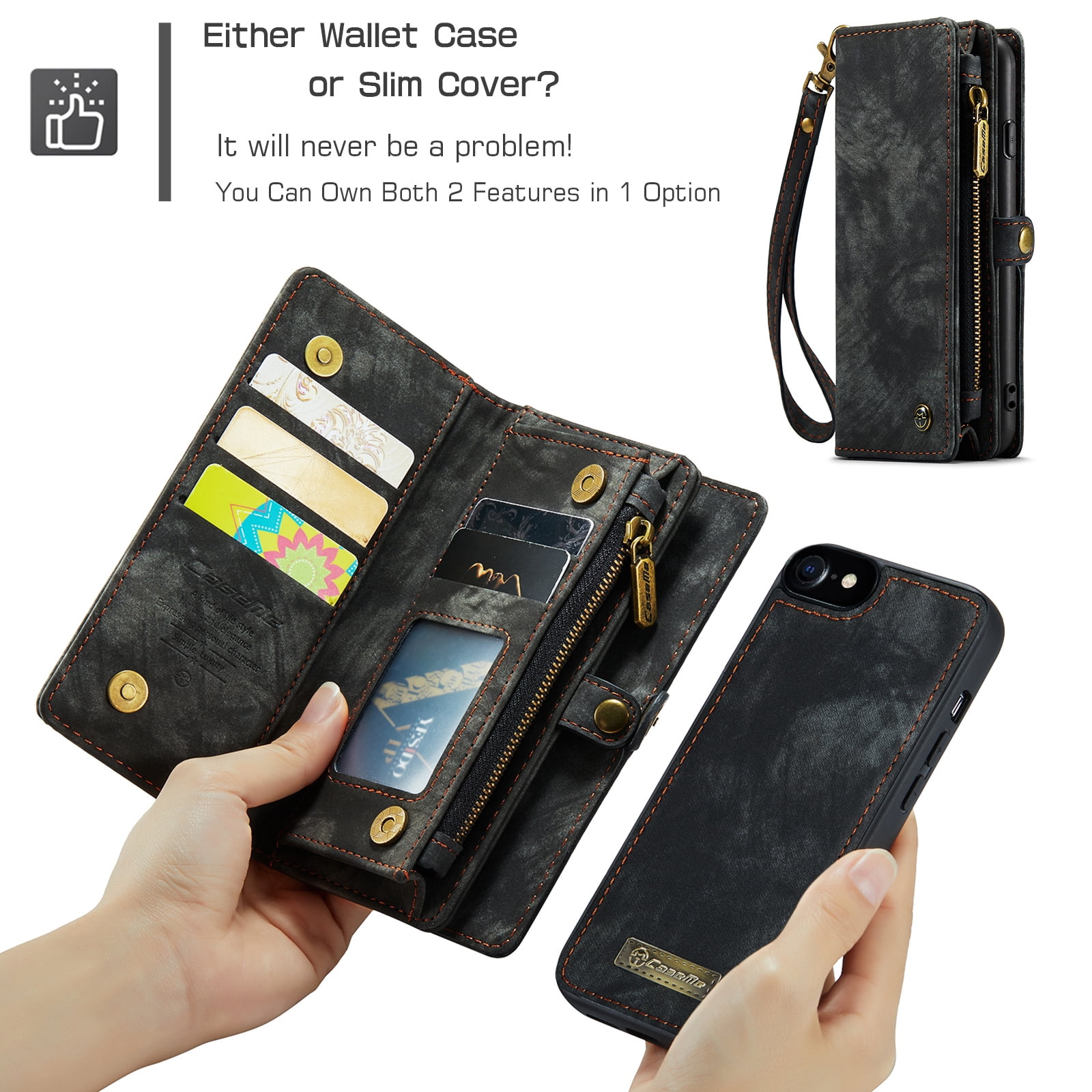 Feishell Durable 2-In-1 Magnetic Detachable Wallet Case for iPhone 7/8/SE 2020/SE 2022,for Women Men,Premium PU Leather Zipper Pocket Flip Multi Card Slots Purse Phone Case with Wrist Strap,Black