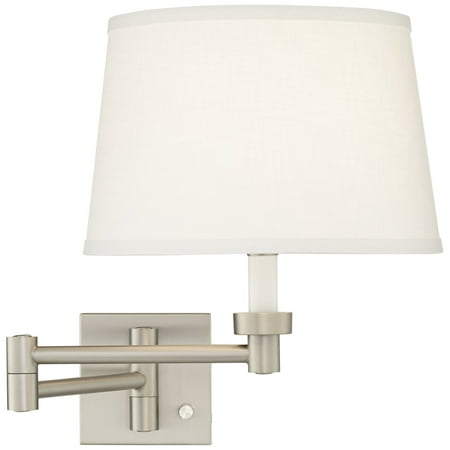 

Possini Euro Design Modern Swing Arm Wall Lamp Brushed Nickel Plug-In Light Fixture White Linen Drum Shade for Bedroom Living Room