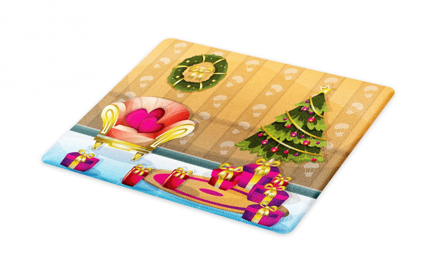 Christmas Cutting Board, Happy Noel Themed Cartoon of Room with Seat