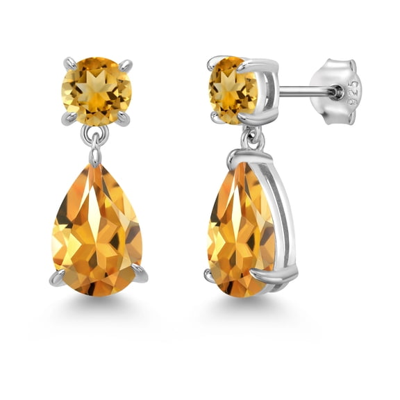 Gem Stone King 925 Sterling Silver Yellow Citrine Teardrop Dangle Drop Earrings for Women (7.38 Cttw, Gemstone Birthstone, Pear Shape 12x8MM, Round 6MM)