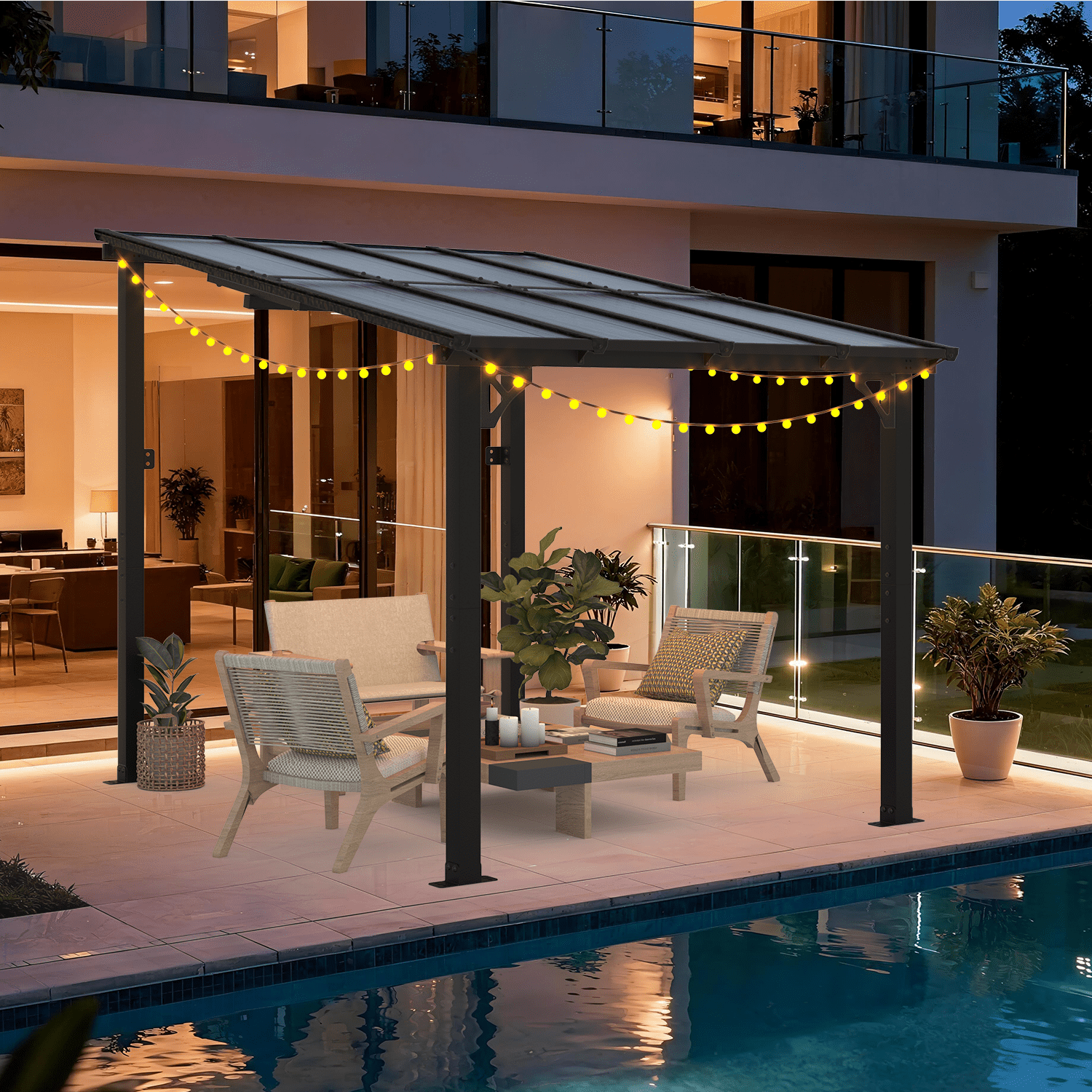 BaPiPro 8x10 ft Wall-Mounted Hardtop Gazebo with Polycarbonate Roof, Aluminum Frame, Outdoor Patio Cover for Poolside or Backyard, UV Resistant