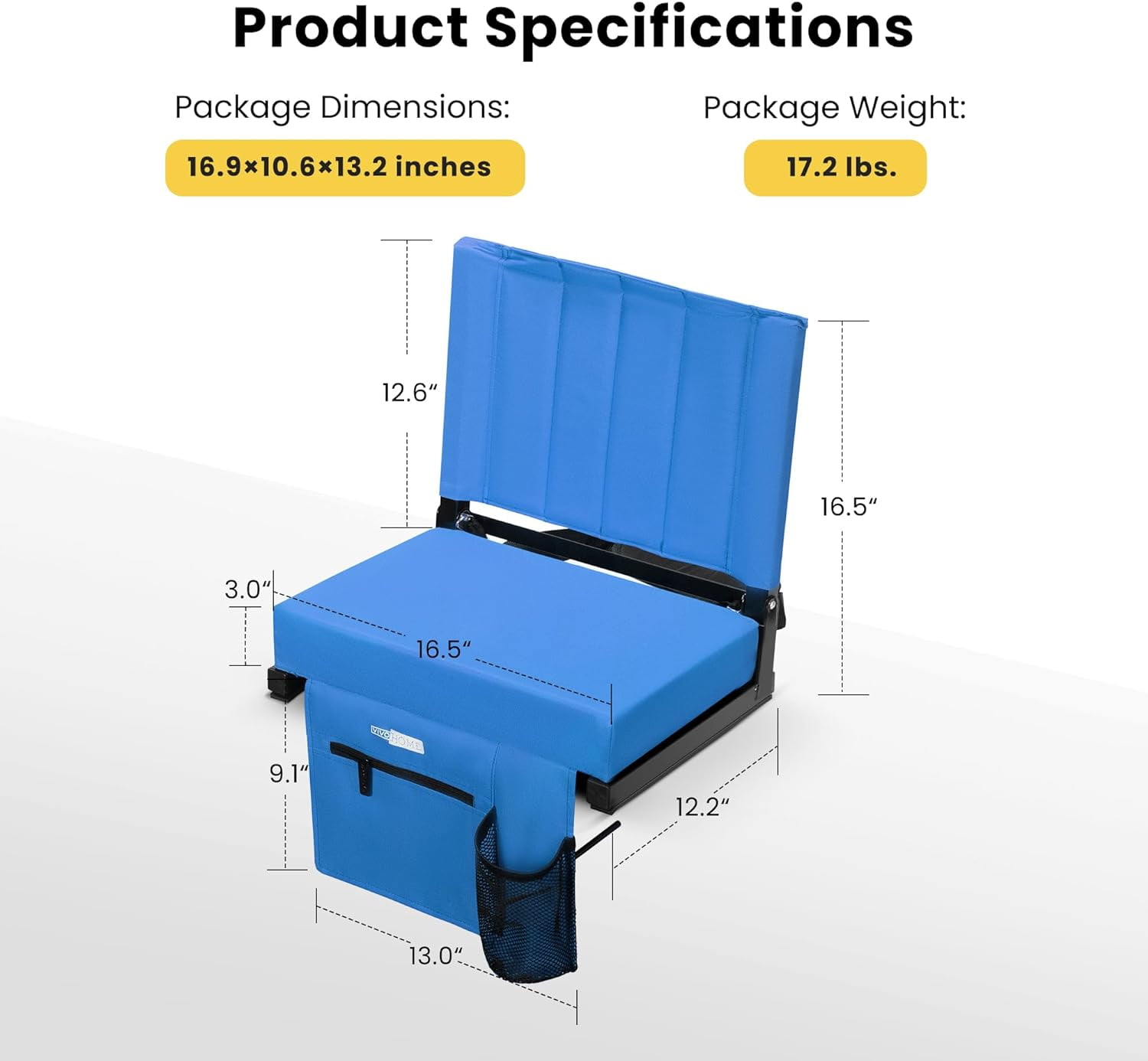 2-Pack Stadium Seats with Back Support and Cushion, Portable Bleacher Chair with Cup Holder and Shoulder Strap, Blue