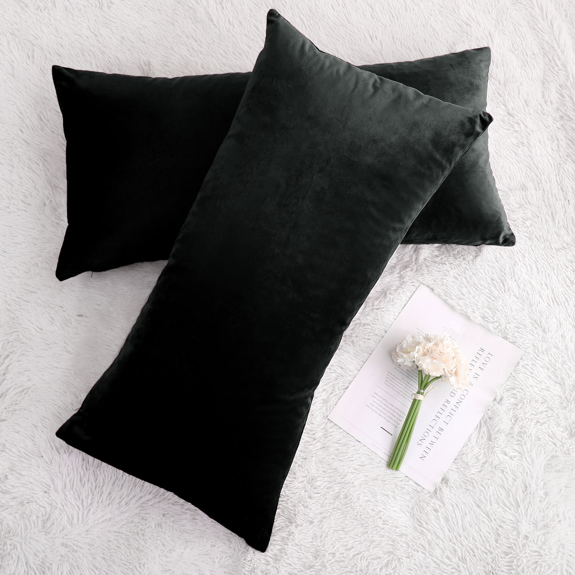 PiccoCasa Striped Decorative Throw Pillow Covers, Striped Cushion Covers, Sofa Pillow Covers Solid Velvet Black 16x31 Inch