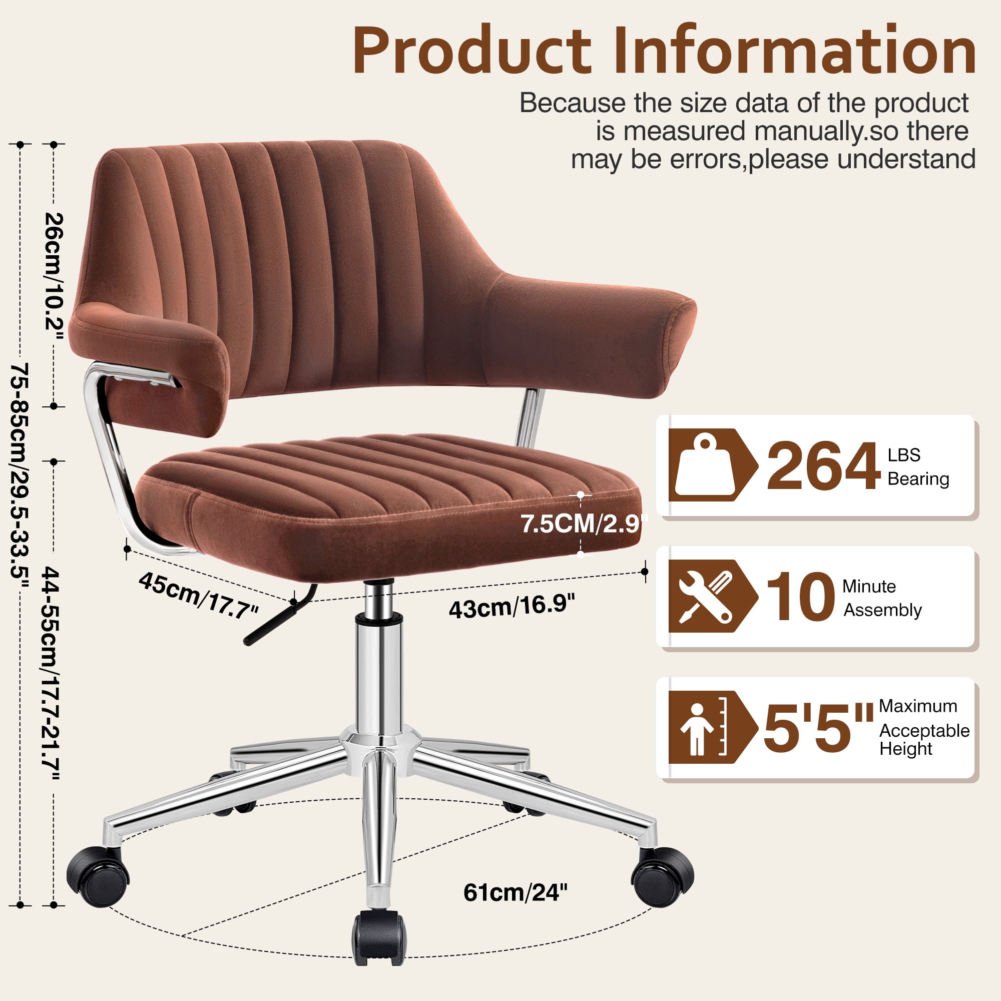 COOLHUT Modern Swivel Office Desk Chair, Velvet Leather Chair with Back and Wheels, Height Adjustable Comfy Home Office Chair, Simple Assembly For Living Room, Bed Room, Rust Red