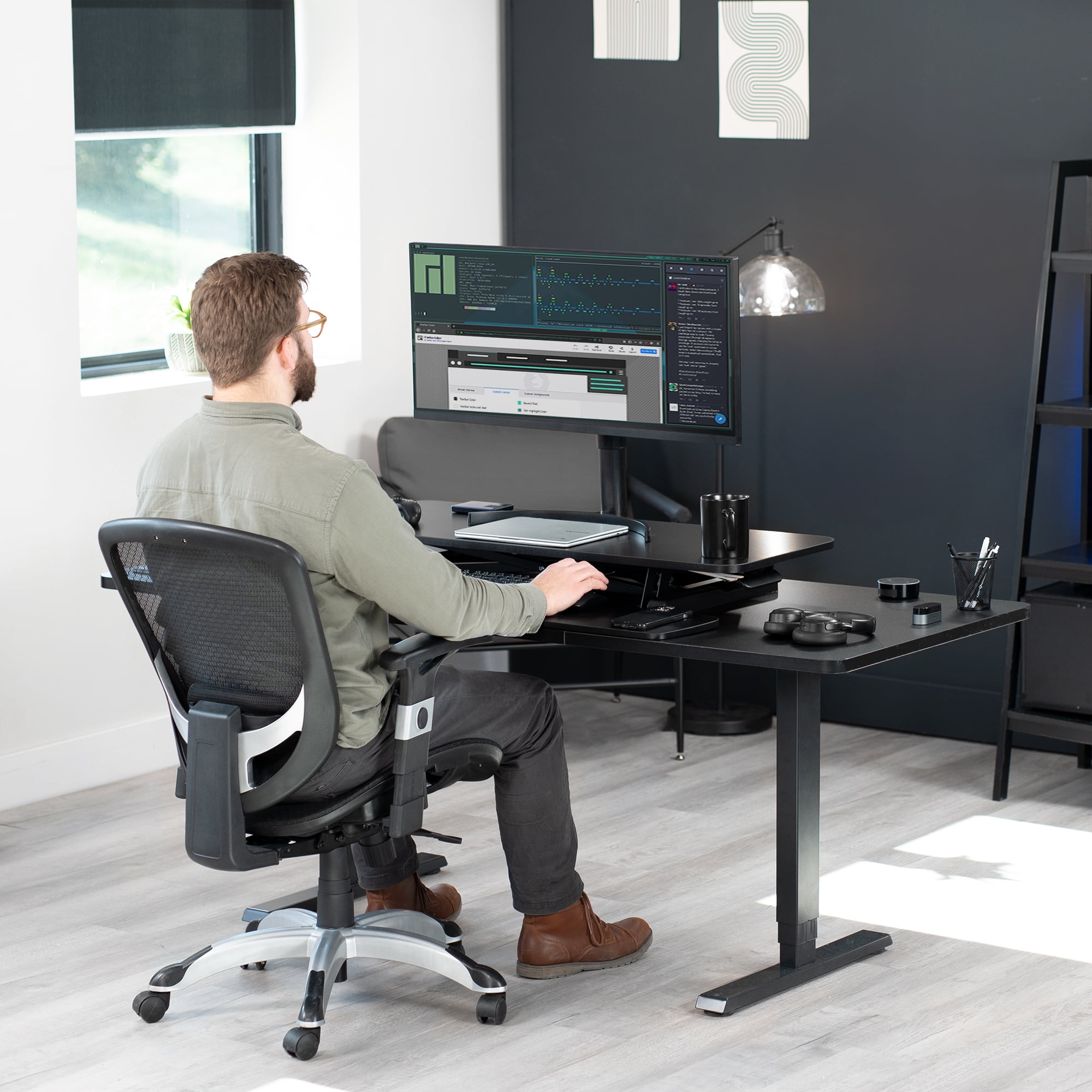 VIVO Black Carbon Fiber Height Adjustable 42" Standing Desk Monitor Riser