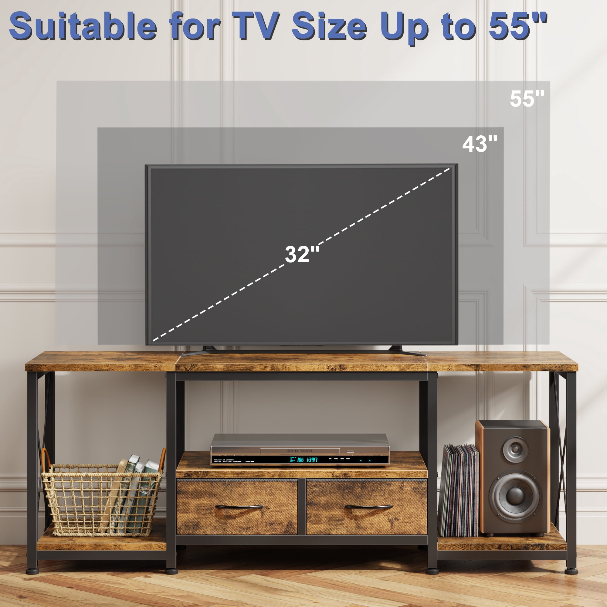 HIGDBFE TV Stand for TVs up to 55" with 2 Fabric Drawers, Industrial Entertainment Center with Open Shelves and Led Lights for Living Room Bedroom, Rustic Brown