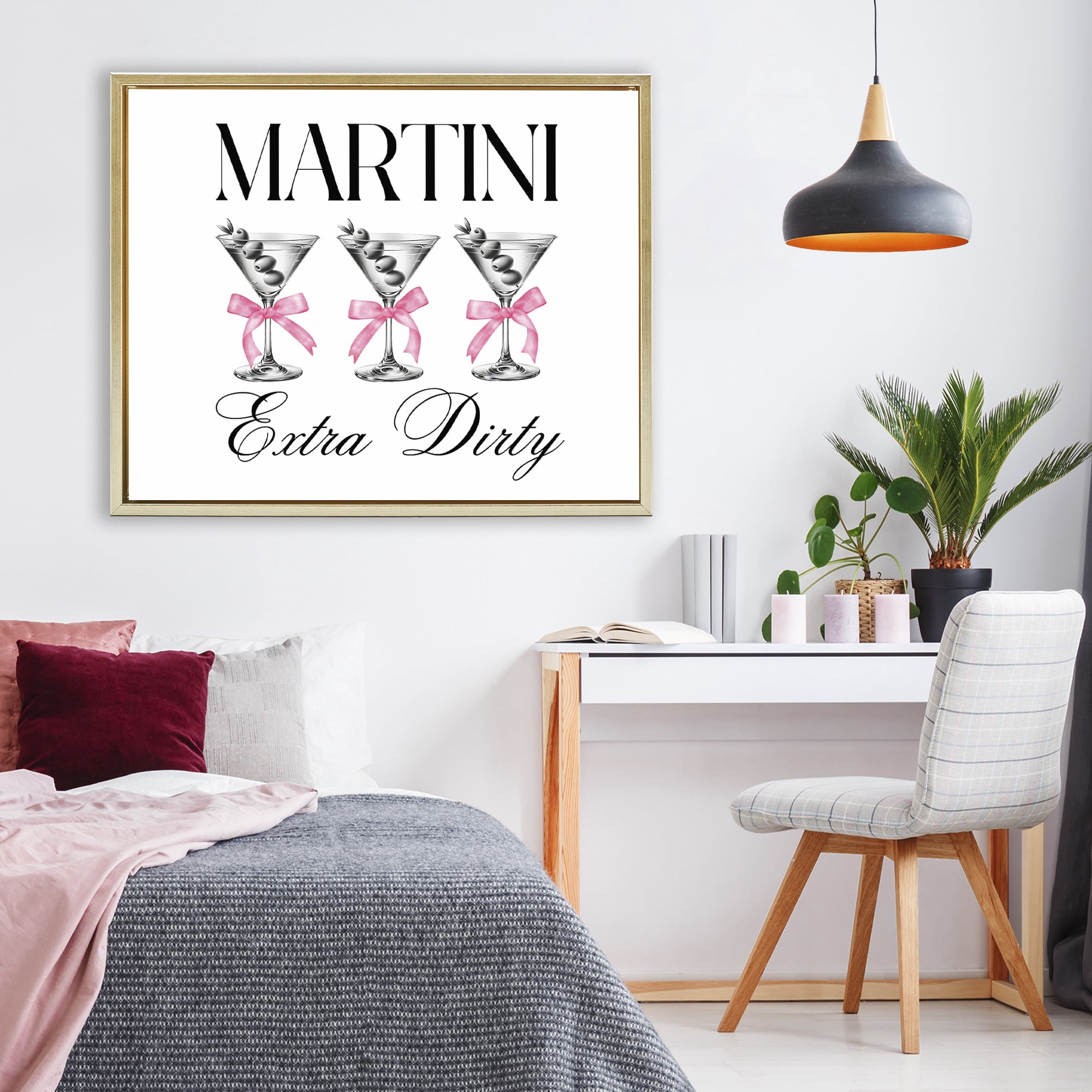 Stupell Industries Pink Ribbon Martini Trio Gold Framed Floater Canvas Wall Art, design by Lettered and Lined