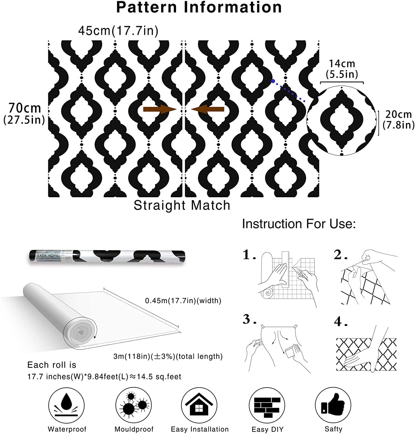 Peel and Stick Wallpaper Removable Black/White Trellis Mural Home Wall Decor 17.7in x 9.8ft