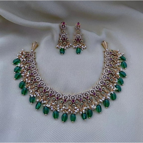 Green CZ Choker Necklace - Gold Plated Indian & Pakistani Jewelry, Cubic Zirconia Swarovski Kundan Statement Jewelry with Crystal Rhinestones & Matching Earrings