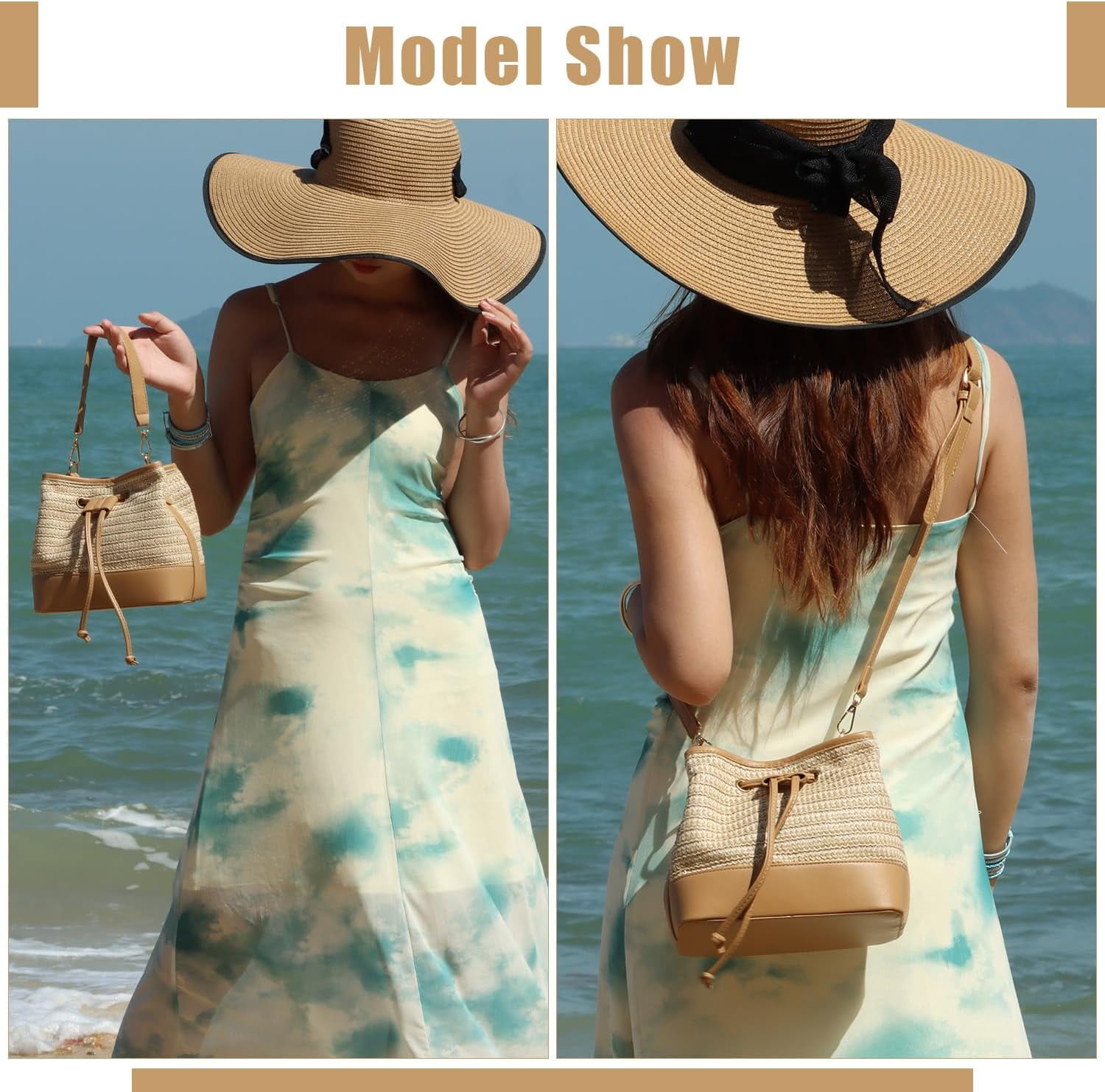 Straw Drawstring Shoulder Bag Bucket Bag for Women Summer Handwoven Beach Vacation Handbag Crossbody Bag