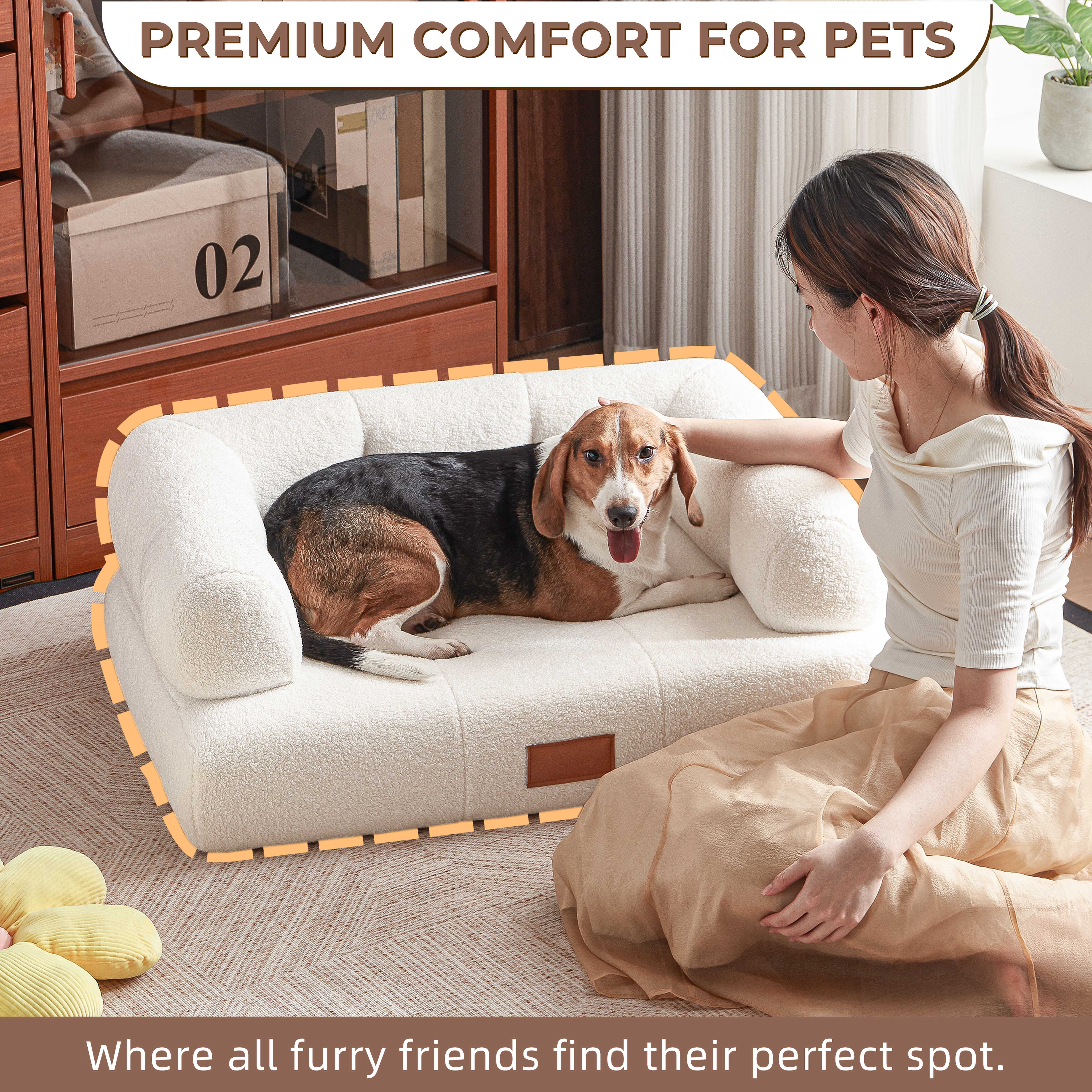 Faux Shearling Dog Bed Couch For Large Dogs Up To 70lbs, No Assembly Orthopedic Elevated Pet Sofa Bed, Furniture Style Comfy Dog Couch Bed, White