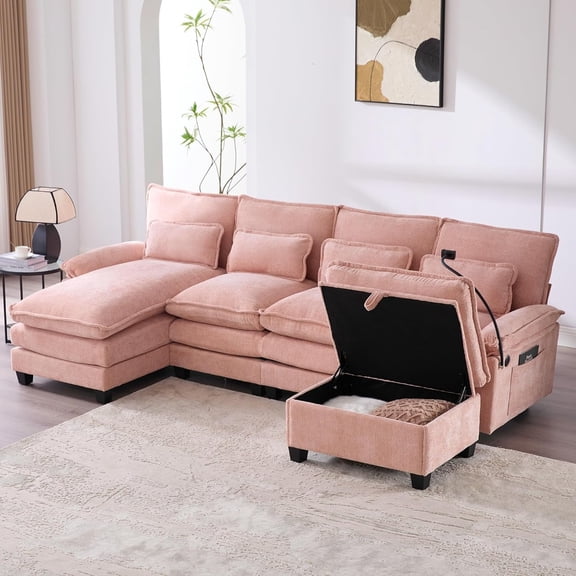 Homefun 4 Seat Chenille Modular U Shape Sectional Sofa With Chaise Lounge Storage Ottoman,Pink
