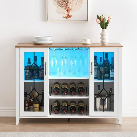 White Wine Bar Cabinet with LED Light, Home Coffee Cabinet with Wine and Glass Rack, Kitchen Buffet Sideboard with Storage Cabinet&Drawers, Modern Liquor Cabinet (White)