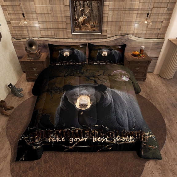 Rustic Bear Comforter Set Full Size,Wildlife Bear Hunting Theme Quilt Set,Animal Bedding Set 3Pcs Teens Room Decor,Black Bear Duvet Insert With 2 Pillowcases