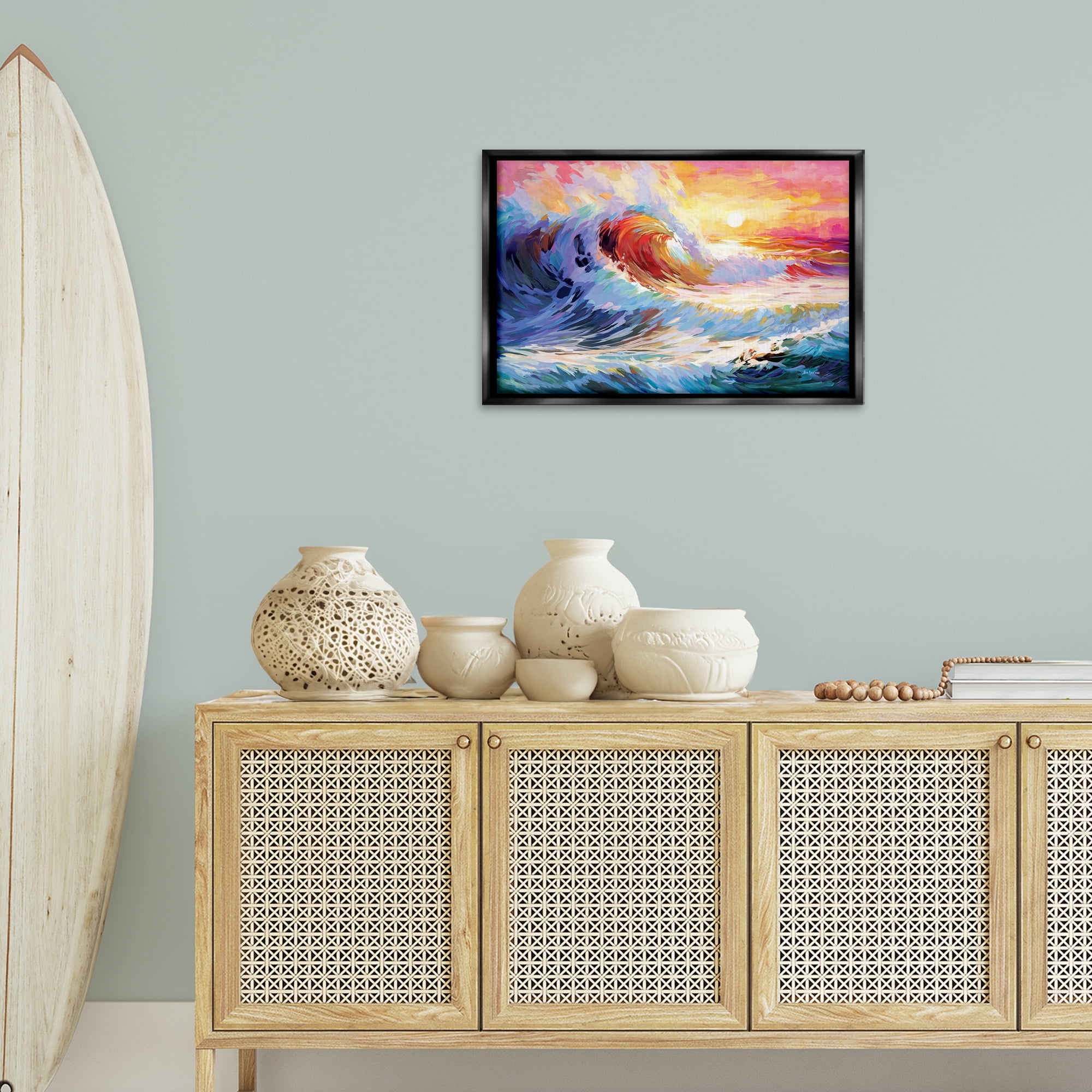 Stupell Industries Sunrise over Ocean Wave Nautical & Beach Painting Black Floater Framed Canvas Art Print Wall Art, 25 x 17