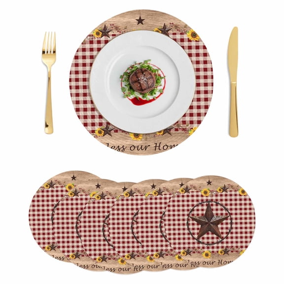 Texas Star Sunflower Round 13 Inch Placemats Set of 6, Farmhouse Country Plaid Brown HeatResistant Non Slip Place Mats for Dining Table, Wipeable Braided Kitchen Table Mats for Housewarming