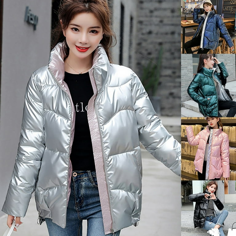 Fashion Women Autumn Winter Glossy Stand Collar Jacket Cotton Liner Down  Coat