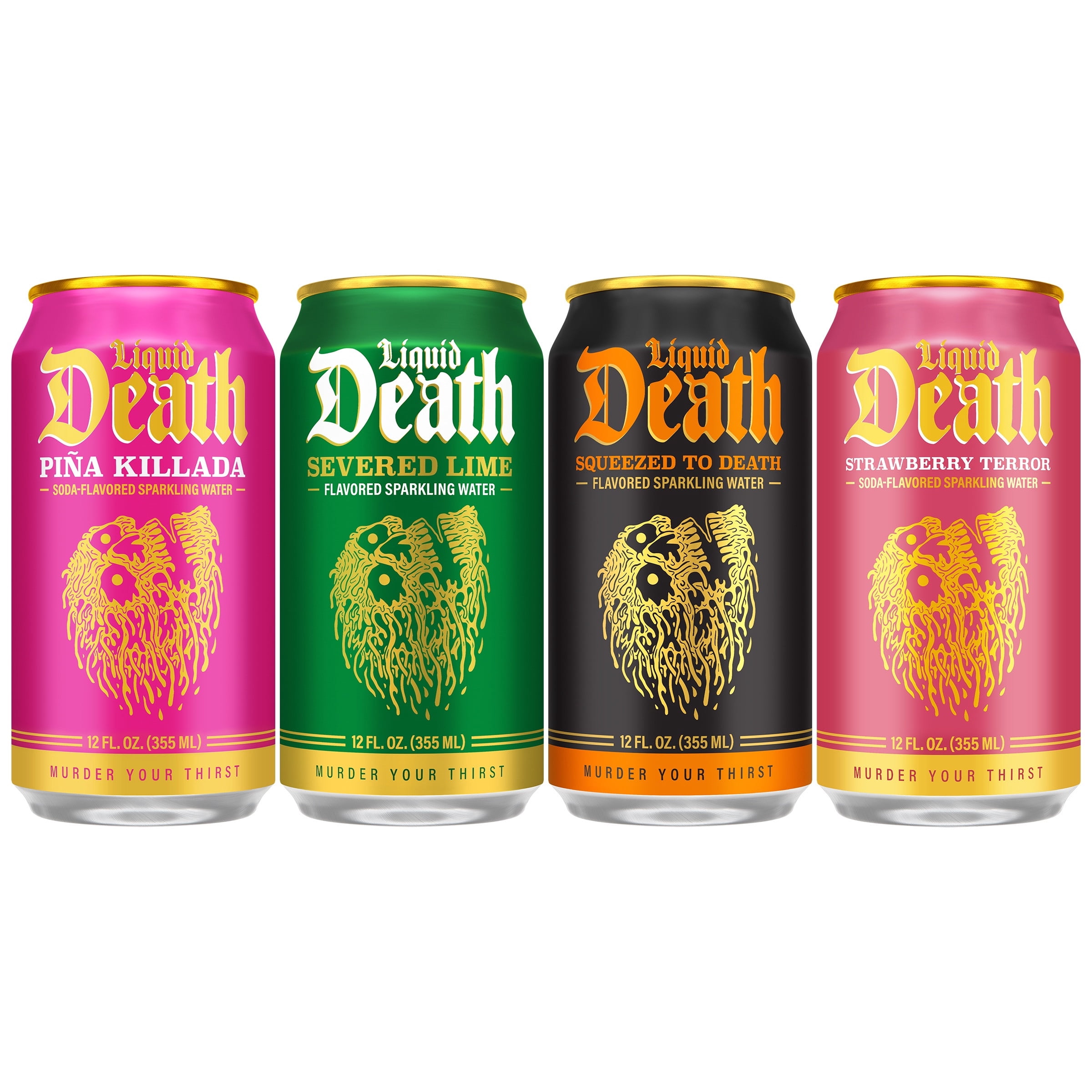 Liquid Death Variety Pack Soda Flavored Sparkling Water 12-pack (12 fl oz Cans), No Caffeine and No Artificial Sweeteners, 4 Flavors: Pina Killada, Severed Lime, Squeezed to Death, Strawberry Terror