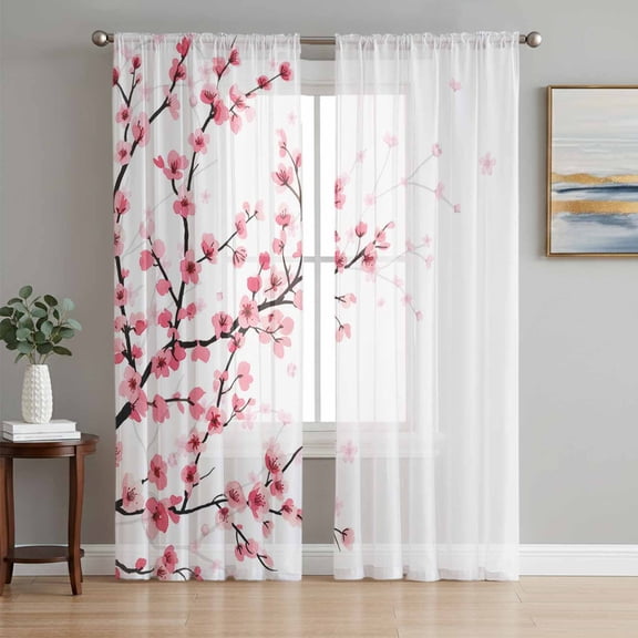 Cherry Blossom Semi Sheer Curtains 96 Inch Length 2 Panels Set, Spring Pink Floral Branches Watercolor Sheer Kitchen Curtain Privacy Voile Window Curtain for Living Room Bedroom Rod Pocket Drapes