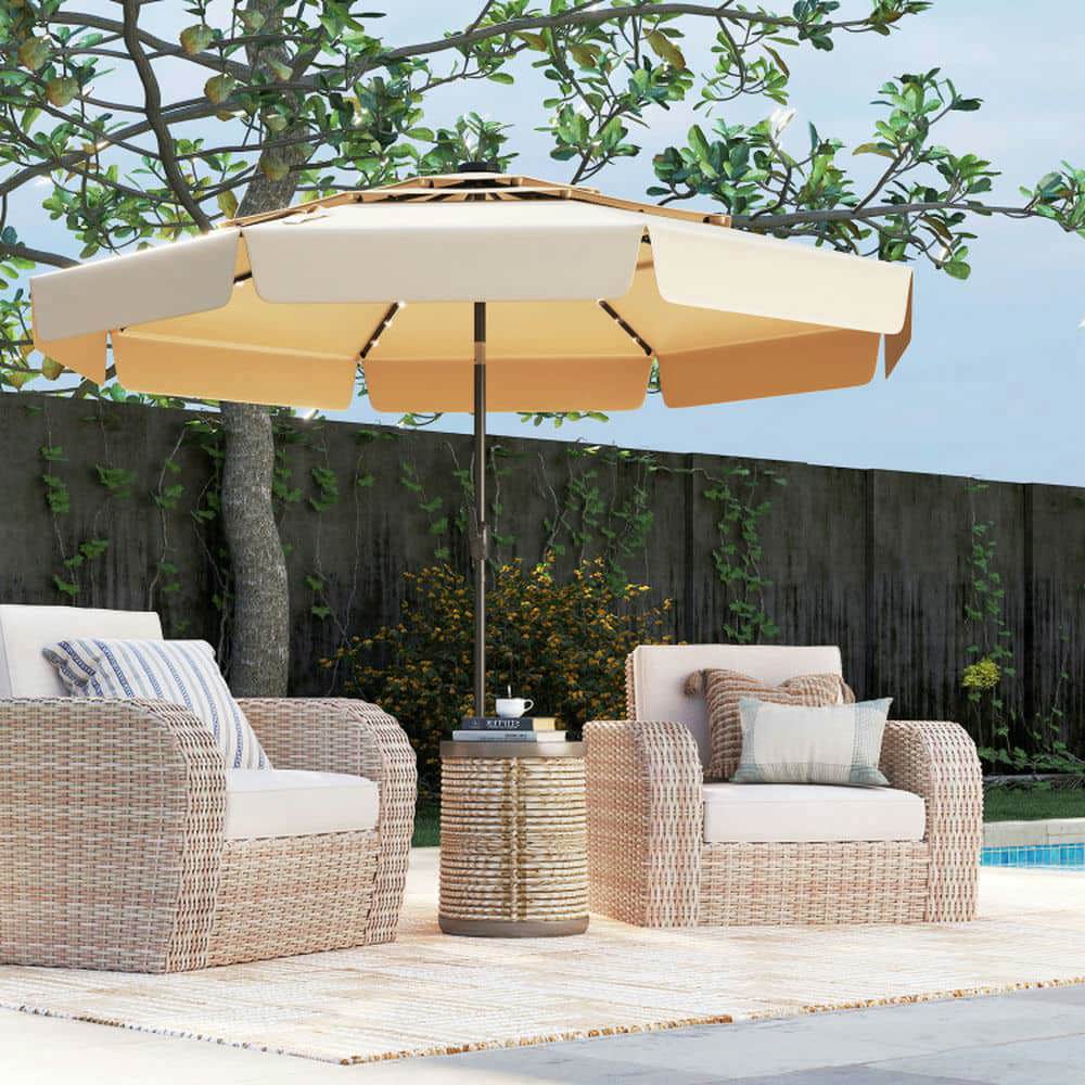 Spaco 10 Feet Solar Patio Umbrella with 3-Tier Vented Top, Outdoor Shade, Beige