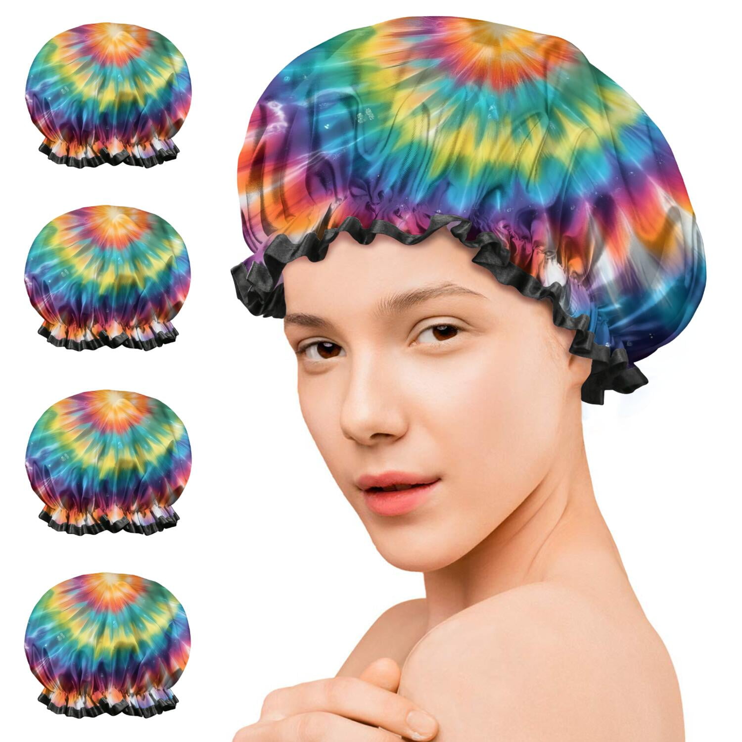 Shower Caps,Rainbow Tie Dye Mandala Pattern Waterproof Shower Cap for Women 4 Pieces,Double Reusable Hair Cover for Shower PEVA Elastic Stretch Hem