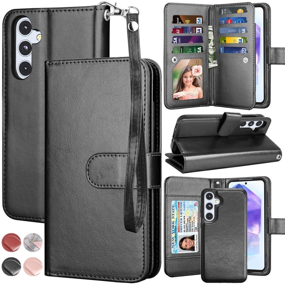 For Samsung Galaxy A35 5G Phone Case, Galaxy A35 5G Leather Wallet Case with Card Holder and Lanyard for Women Men, eBizWare Magnetic Flip Detachable Cover - Black