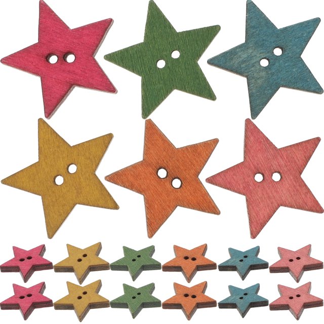50 botones de madera de colores con forma de estrella y dos agujeros para manualidades.