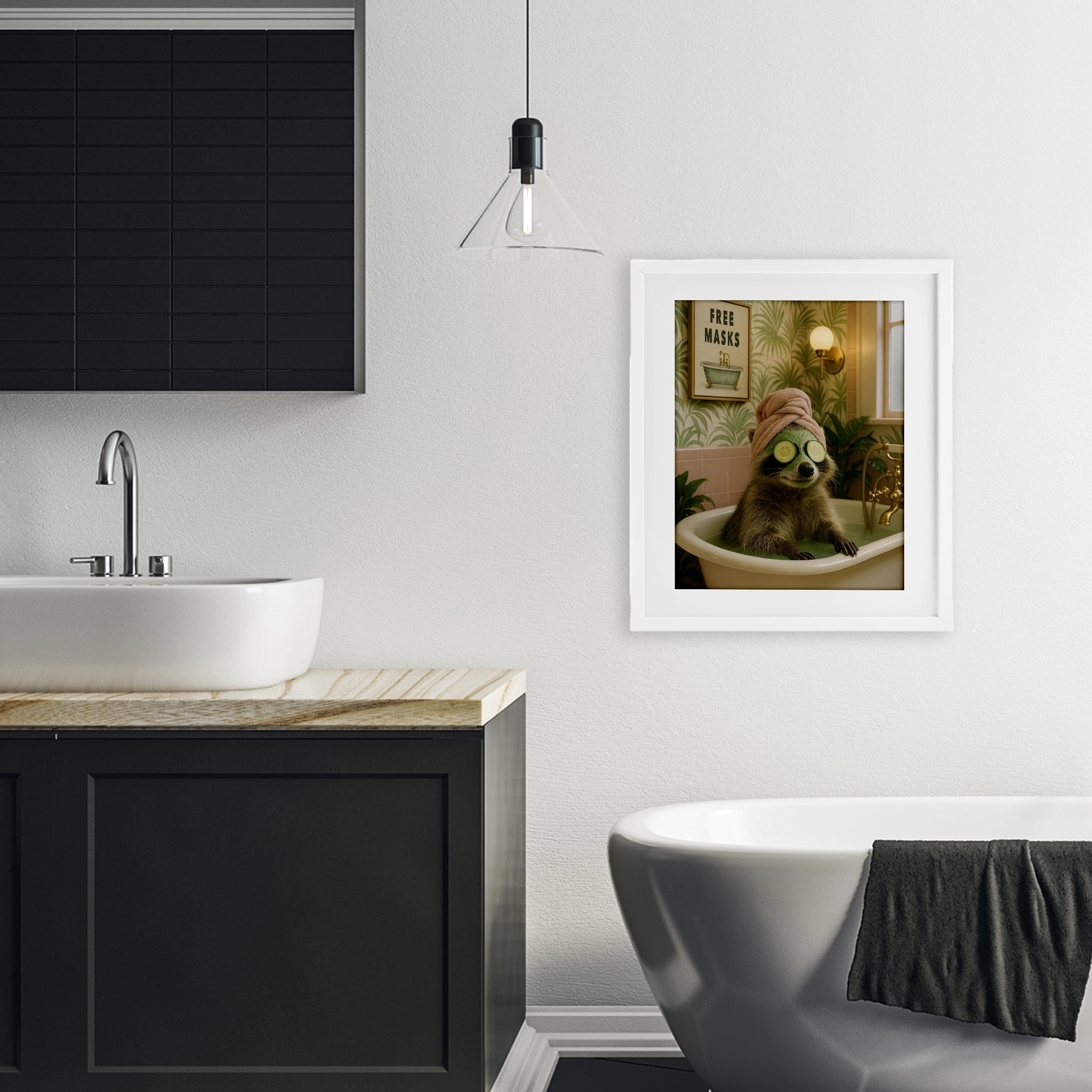 Stupell Industries Raccoon Spa Day Bath White Framed Print Under Glass, design by Grotto Studios