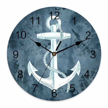 Wall Clock Nautical Anchor Clocks PVC Silent Non-Ticking Battery Operated Decorative Rustic Blue Coastal Round Clock for Home Living Room Kitchen Bedroom Office School Wall Decor 12 Inch