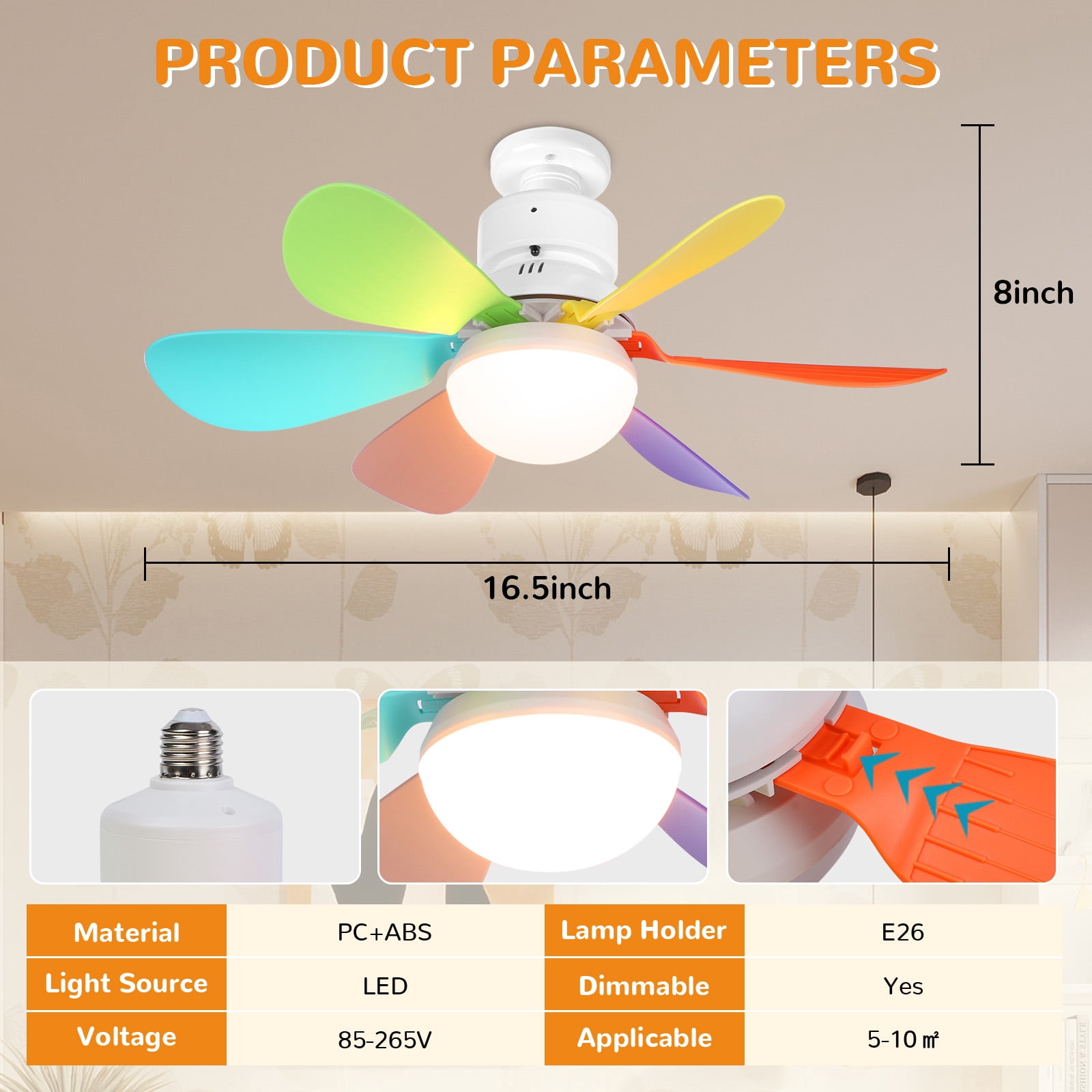 Laybasic Socket Fan Light with Remote, 16.5 Inch Screw in Ceiling Fan Dimmable 3 Colors 6 Speed with Timer Light Bulb Fan for Kid Room, Bathroom, Bedroom, Kitchen