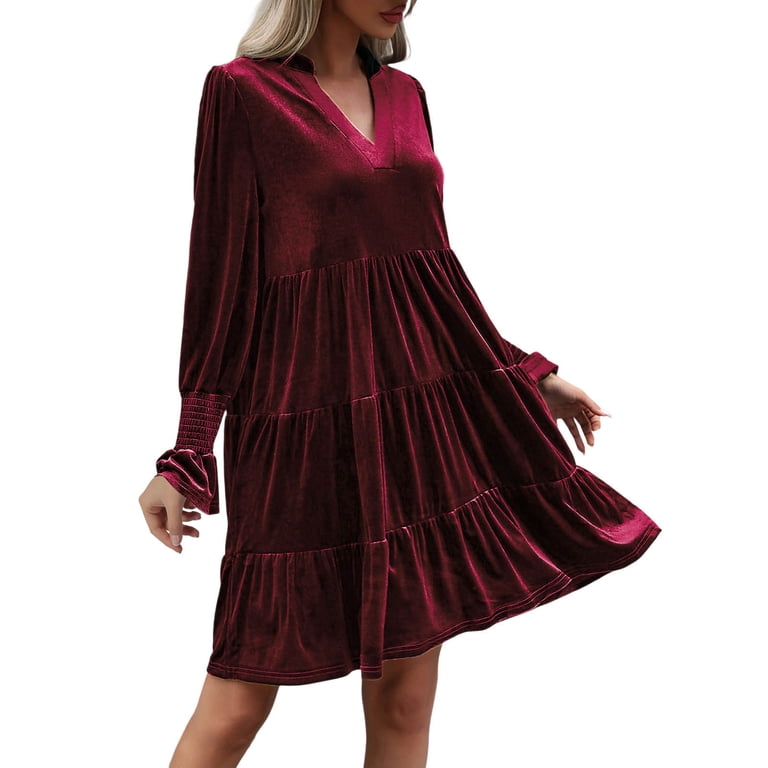 Meichang Womens Velvet Dress V Neck Long Sleeve A Line Ruffle Tiered Mini  Dresses Flowy Babydoll Dresses formal Wedding Party Cocktail Dress